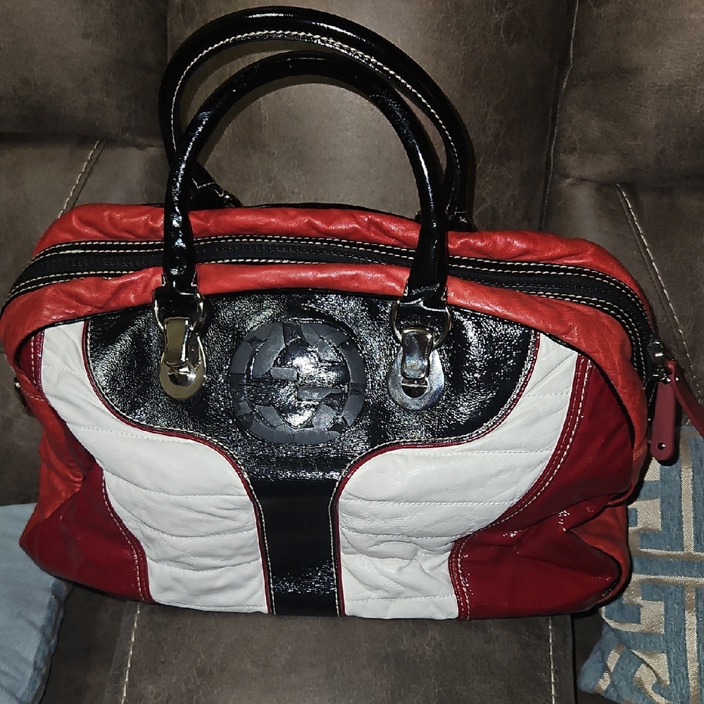 AUTHENTIC....Gucci Red and White Satchel with Black Accents